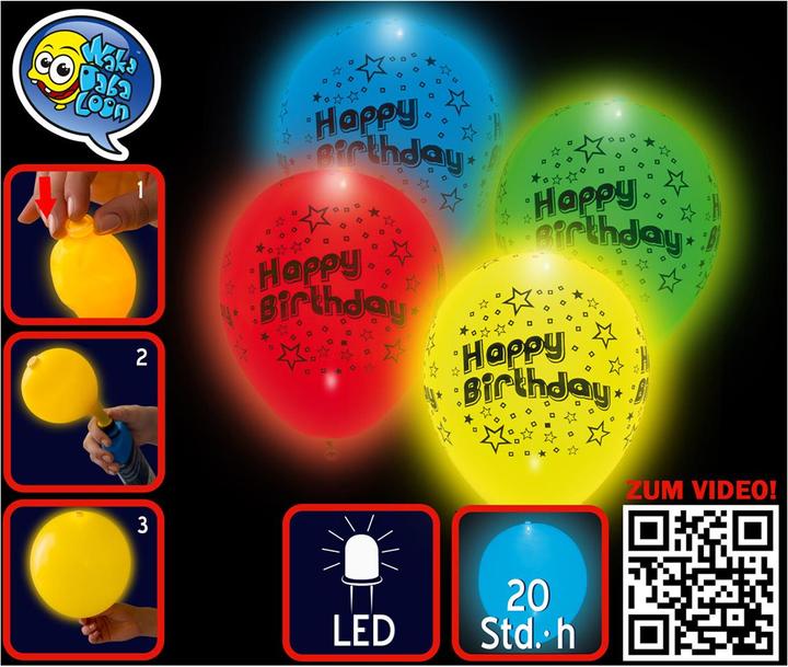 Tib Balloon LED, Happy Birthday 4 pieces in bag, ø 23 cm, light duration approx. 20 hrs. (4 x)