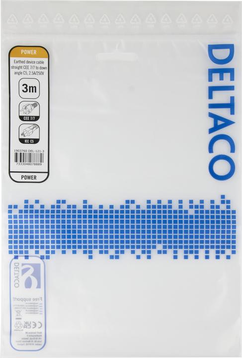 Produktbild Deltaco Device Cable, straight CEE 7/7 - down angle IEC C5, 3,0m (3 m)