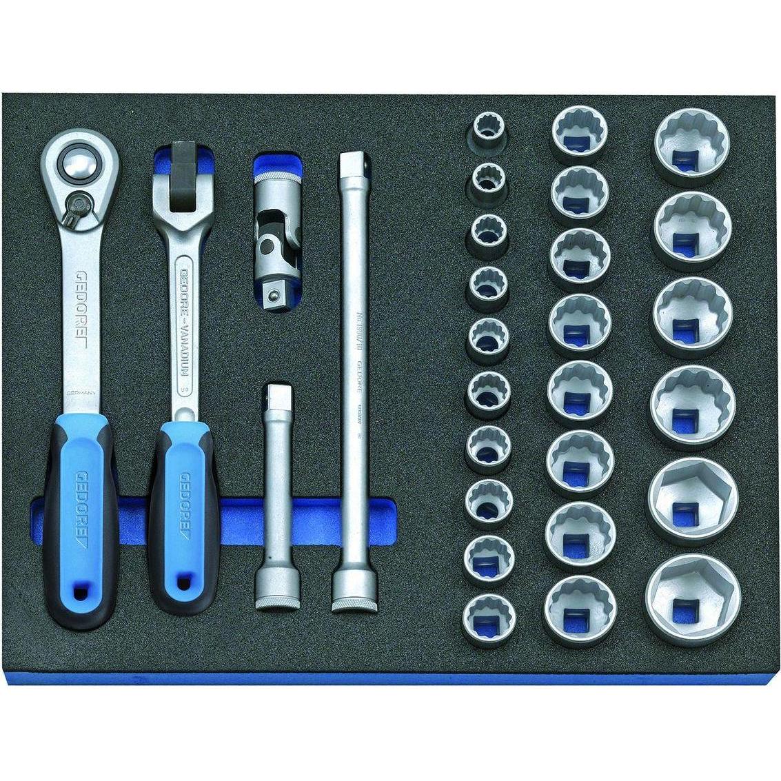 Gedore, Steckschlüssel + Stecknuss, 2005 CT2-D 19 Steckschlüssel-Sortiment 1/2" in Check-Tool-Modul, 29-teilig (1/2")