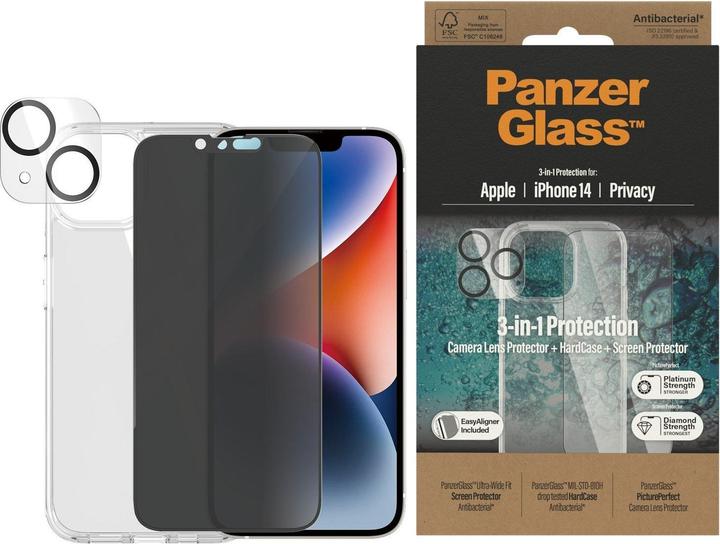 Produktbild PanzerGlass 3 in 1 Privacy Schutzset (1 Stück, Apple iPhone 14)