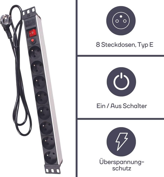Produktbild Velleman 8-FACH-STECKDOSENLEISTE - STECKER-TYP E (FRANZÖSISCHES SYSTEM) - FÜR 19"-RACK (8x, CEE 7/5, 2.15 m)
