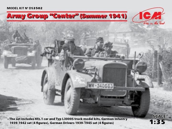 Immagine prodotto ICM Gruppo d'armate "Centro" (estate 1941) (Kfz1, Typ L3000S, Fanteria tedesca (4 figure) Ger.Drivers