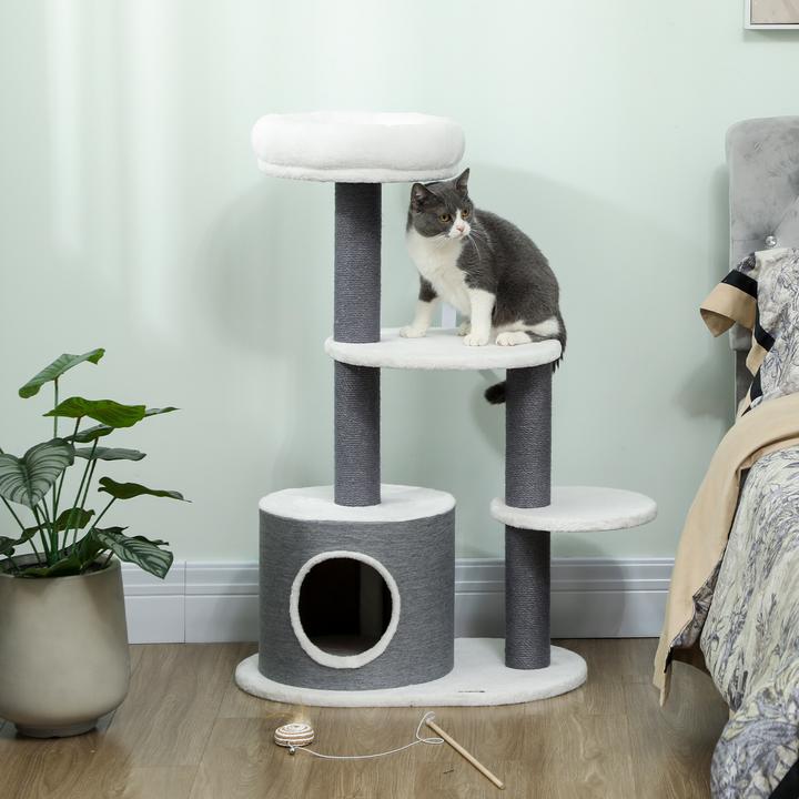Produktbild PawHut Kratzbaum Spanplatte, Plüsch Grau (98 cm, Grau, Weiss)