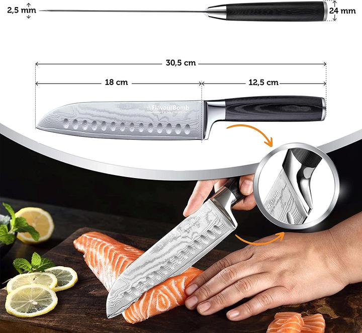 Produktbild FlavourBomb Santoku Messer aus echtem Damaszener Stahl (18 cm)