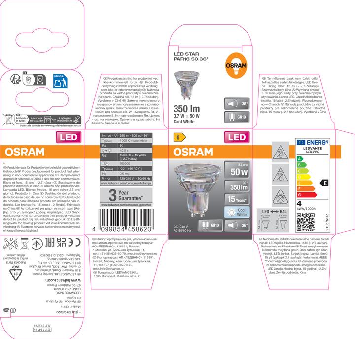 Produktbild Osram LED Leuchtmittel LED STAR PAR16 3.7W 840 GU10 Neutralweiss 4099854458620 (GU10, 3.70 W, 350 lm, 6 x, E)