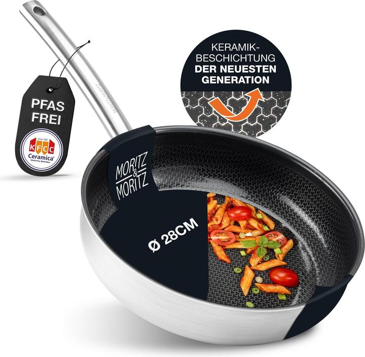 Moritz & Moritz Edelstahlpfanne Wabenstruktur 28cm mit Keramikbeschichtung der neuesten Generation (Frying pan, Stainless steel)