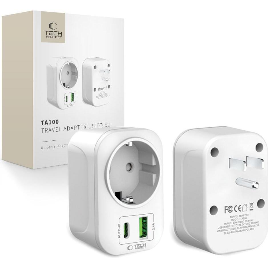 Tech-Protect, Adattatore da viaggio, TA100 REISEADAPTER USA AUF EU WEIss
