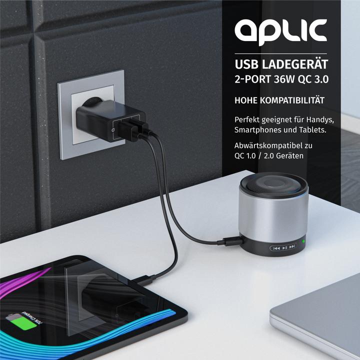 Actual product image Aplic USB charger, 2-port Quick Charge USB charger 36 W / 6000 mA / fast charging function, black (36 W, 2 ports)