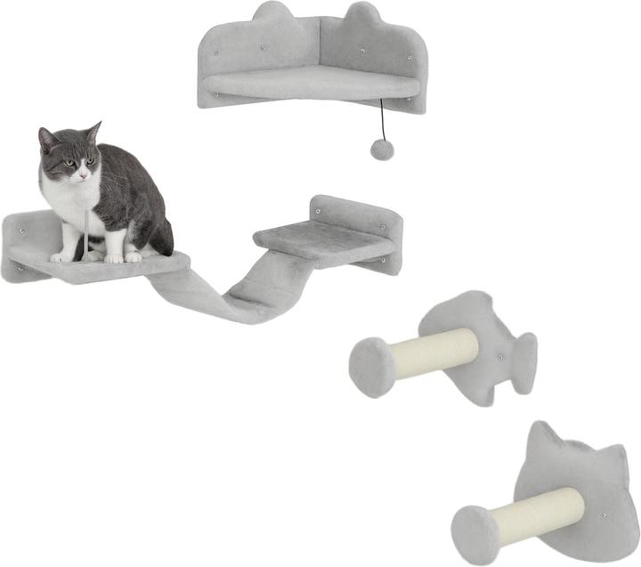 Produktbild PawHut Katzen Kletterwand Set Spanplatte, Plüsch Hellgrau (Hellgrau)