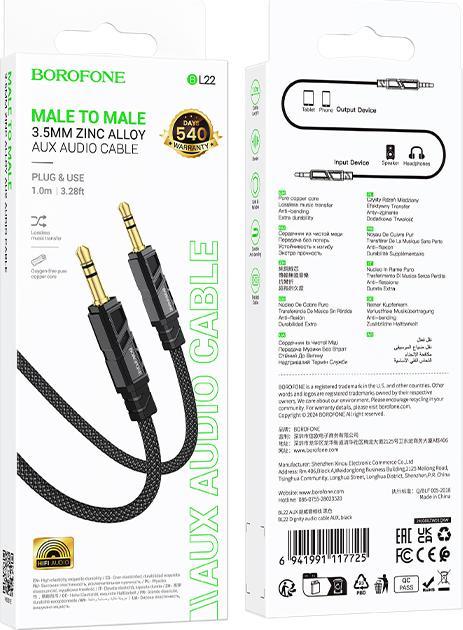 Immagine prodotto Borofone Kabel AUX BL22 Dignity - Klinke 3,5mm auf Klinke 3,5mm - 1 Meter schwarz (1 m, Connettore da 3,5 mm (AUX), Cavo senza spina)