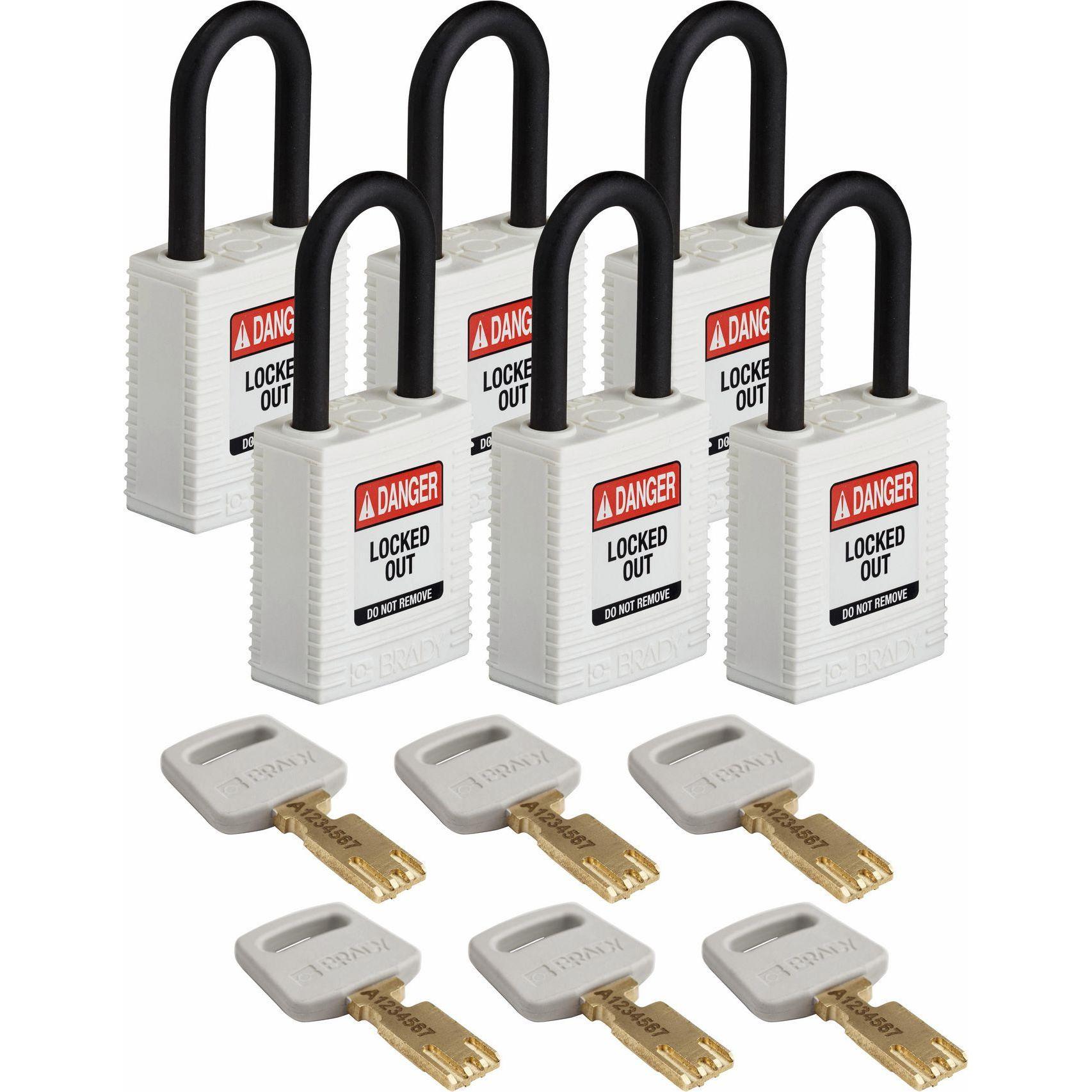 Brady, Etiketten, Safekey Nylon-Sicherheitsschloss mit Nylonbügel, Weiss, 38 mm Bügelhöhe, 6.4 mm Bügeldurchmes