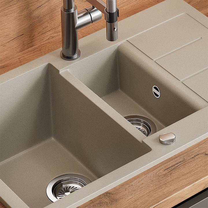 Produktbild Bergström Spülbecken Seattle, Beige, 80 x 50 cm mit 2 Spülbecken & Trockenplatz (Einbauspüle mit Abtropffläche, 50 cm, 80 cm)