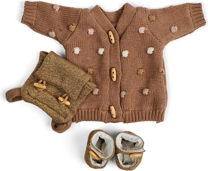 Smallstuff Doll clothing, knitted long dot cardigan, shoes and backpack - (40010-47)