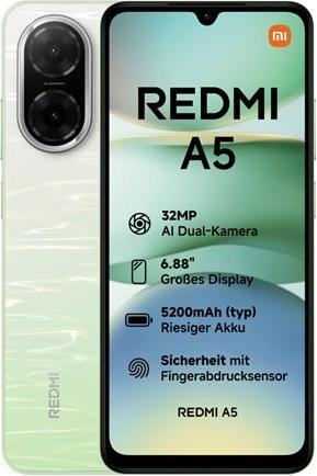 Immagine prodotto Xiaomi Redmi A5 4G Dual Sim 3GB RAM 64GB - Lake Green (64 GB, Lago Verde, 6.88", 32 Mpx, 4G)
