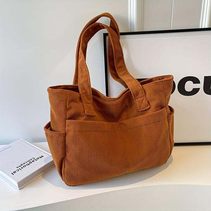Actual product image Only-Bags.Store Chic Cord Tote Bag- spacious with multiple pockets, Solid Colour Shoulder Handbag with