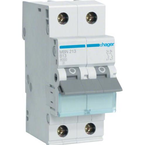 Hager, Schutzschalter, Leitungsschutzschalter 2pol. B-13A, 6kA MBN213