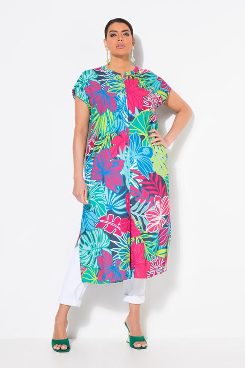 Image du produit Ulla Popken Robe midi oversize, sans manches, motif fleurs et feuilles, décolleté rond (62)