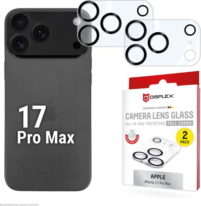 Produktbild Displex Full Cover Camera Lens Glass, Kamera Schutzglas, Platte, Doppelpack (2 Stk., Apple iPhone 17 Pro Max)