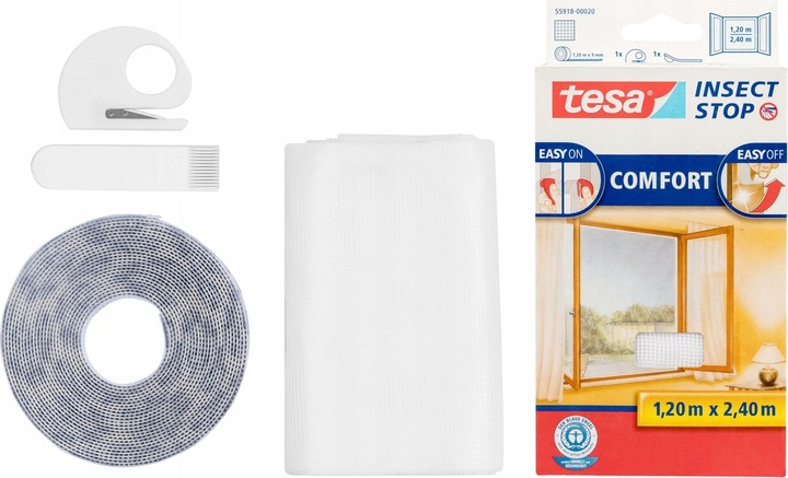 Produktbild tesa Insektenschutz COMFORT für Fenster, mit Klettband, selbstklebend, ohne Bohren (120 x 240 cm)