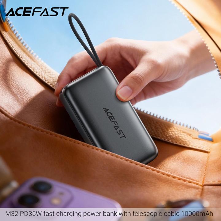 Actual product image Acefast - Power Bank (M32) - with Telescopic Cable, Type-C, Fast Charge, PD35W, 10000mAh - Gray (10000 mAh, 35 W)