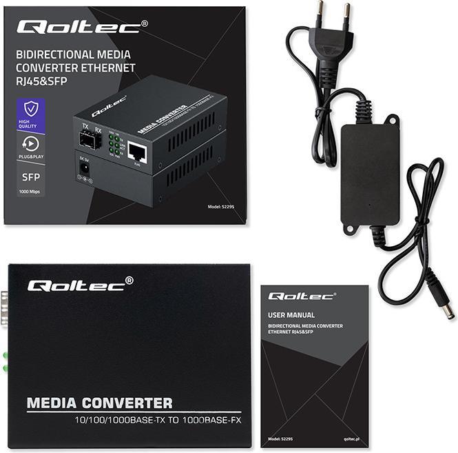 Productafbeelding Qoltec Bidirektionaler Medienkonverter Ethernet SWITCH 1x RJ45 1x SFP | 1000 Mbit/s | 5V