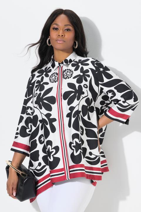 Produktbild Ulla Popken Satinbluse, Blüten-Design, Zipfelsaum, 3/4-Arm (58)