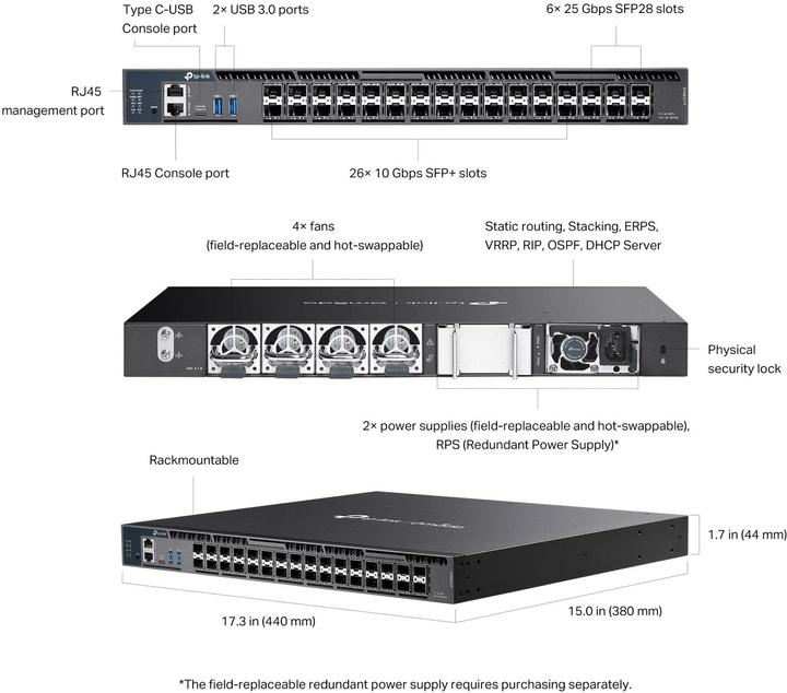 Actual product image TP-Link SX6632YF Omada 26-Port 10G stackable L3 managed switch 26× 10G SFP+ 6× 25G SFP28 2x USB 3.0 (32 ports)