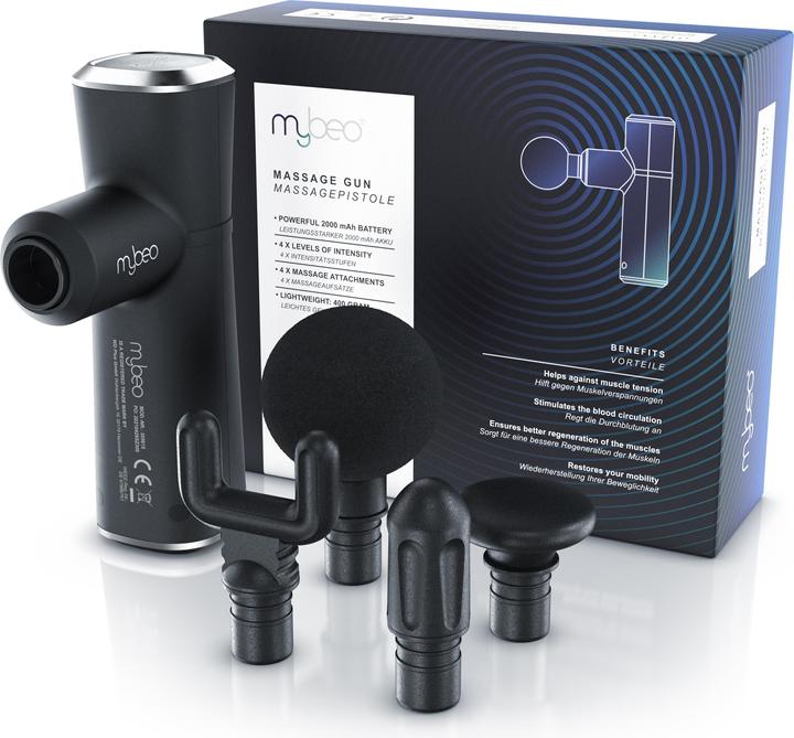 Actual product image Mybeo Massage gun for neck, shoulder, back, 4 heads, 4 speeds, 3D rotation, electric