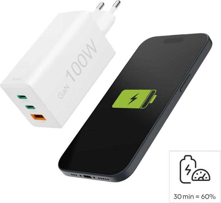 Actual product image Hama GaN quick charger, 2x USB-C PD, 1x USB-A Q (100 W)