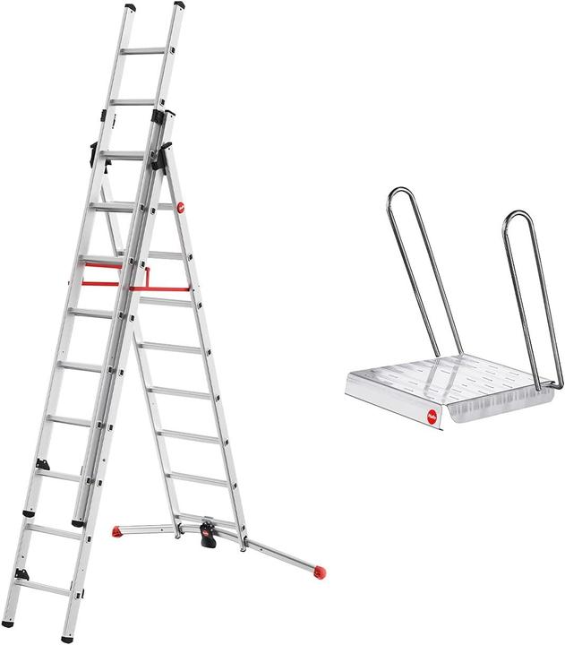 Hailo S100 ProfiLOT 3-teilige Alu-Kombileiter mit Lot-System, gleicht Unebenheiten aus, 2 x 9 + 1 x