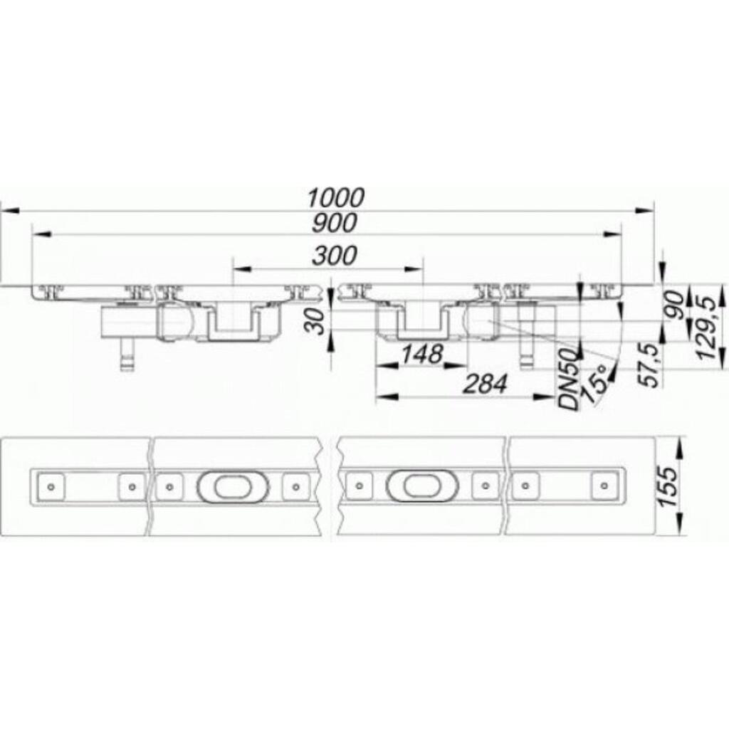 Thumbnail - Dallmer, Duschrinne, Duschrinne CeraLine PLAN 2 Abläufe 521910, F 900mm, DN 50 Bauhöhe 90mm (1250 mm)
