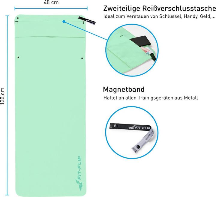 Produktbild Fit-Flip Fitnesshandtuch Mikrofaser mit Reissverschlusstasche 130x48cm (130 x 48 cm)