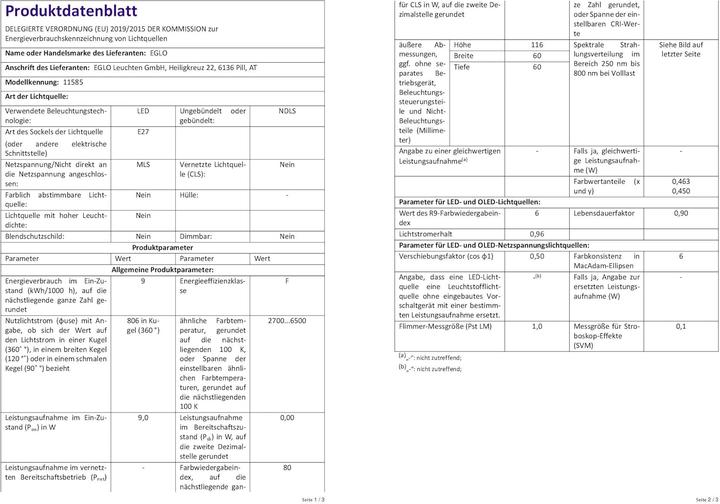 Produktbild EGLO Leuchtmittel (E27, 9 W, 806 lm, 1 x, F)
