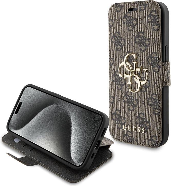 Actual product image Guess GUBKP15S4GMGBR iPhone 15 / 14 / 13 6.1" brązowy/brown book 4G Metal Logo (Apple iPhone 15, Apple iPhone 13, Apple iPhone 14)