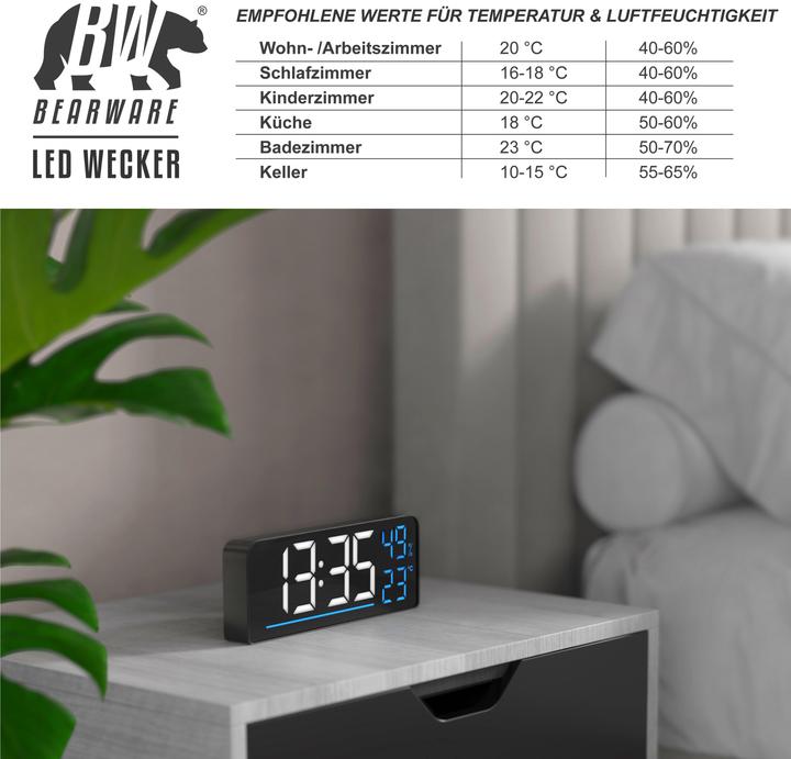 Actual product image Bearware Radio alarm clock digital, LED with 2 alarm times, large display, snooze, temperature & humidity