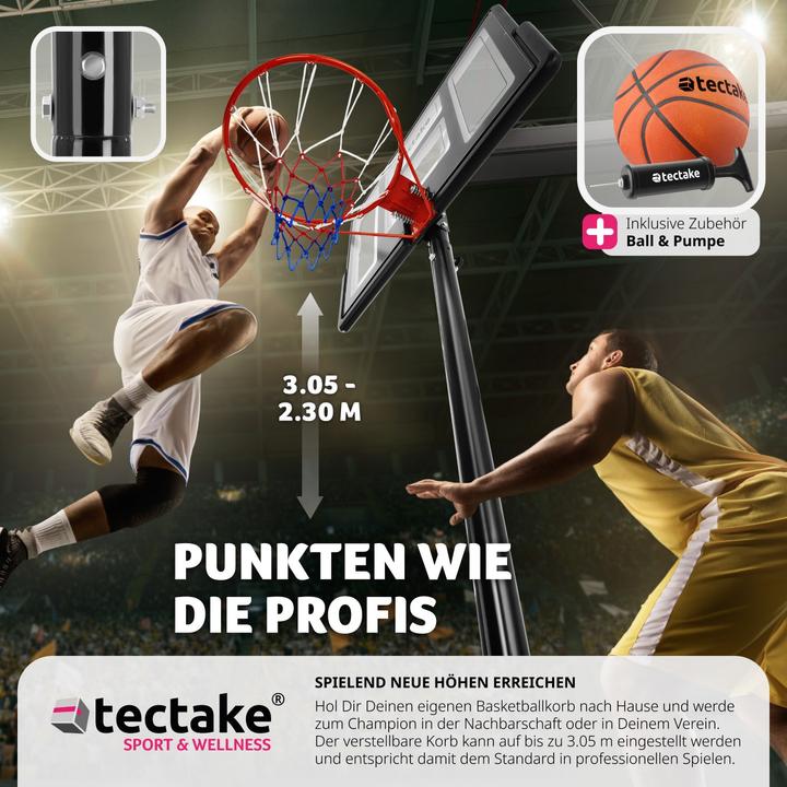 Image du produit tectake Panier de basket Dirk, hauteur de panier 234-302 cm, avec ballon et pompe