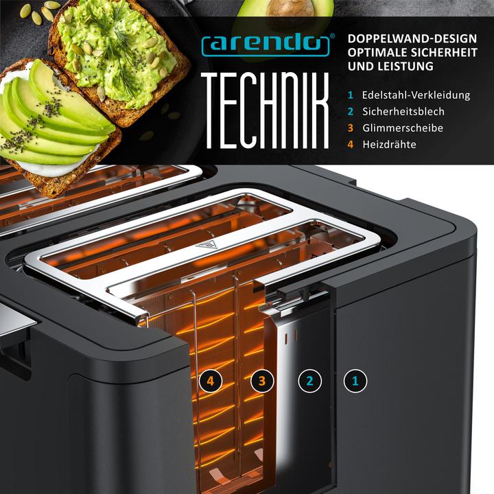 Produktbild Arendo Toaster 4 Scheiben Kurzschlitz, Wärmeisolierendes Doppelwandgehäuse, Automatik, Edelstahl, 1750 W