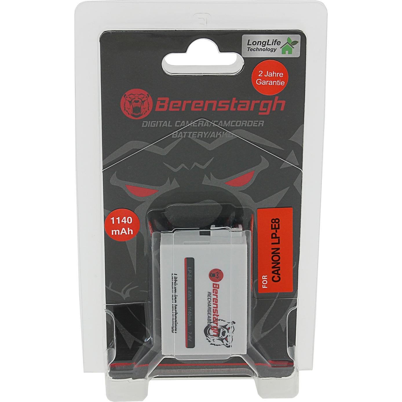 Berenstargh Akku f. Canon LP-E8+ EOS 550D 600D 650D 700D (Batteria della fotocamera), Alimentatore fotocamera, Nero