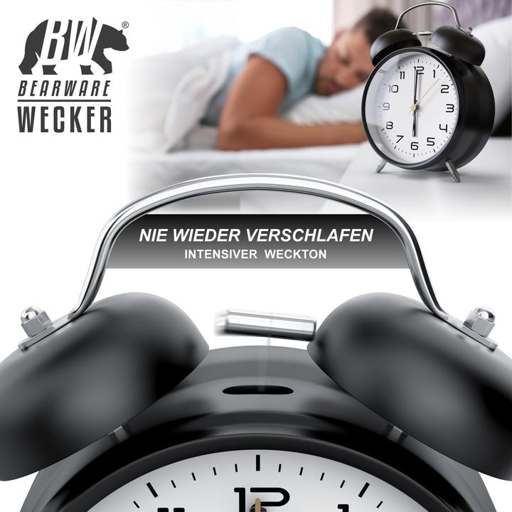 Produktbild Bearware Analoger Wecker klassisches Design, lauter Weckton, ohne Ticken, Batteriebetrieb, metall, schwarz