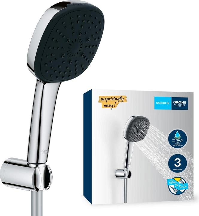 Produktbild Grohe Vitalio Comfort 110 QuickFix Wandhalterset, kleben oder bohren, wassersparend, 3 Strahlarten, chrom