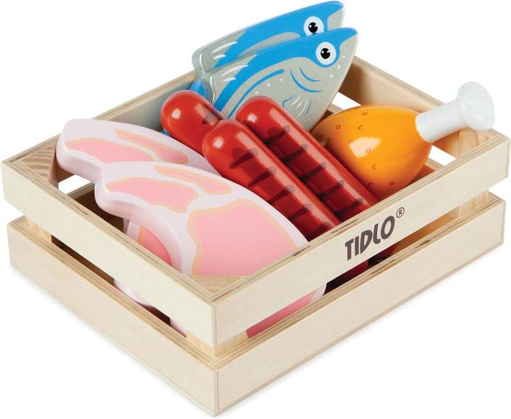 Bigjigs Tidlo wooden play food meat and fish in box, 8 pieces.