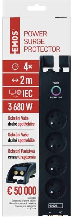 Productafbeelding Emos P54022 overspanningsbeveiliging Zwart 4 AC-uitgang(en) (4x, CEE 7/5, 2 m)