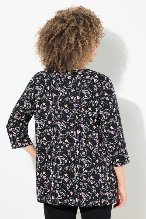Actual product image Ulla Popken Scribble Print 3/4 Sleeve Split Neck Tee (54)