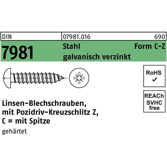 Schrauben, Blechschraube DIN 7981 LIKO m.Kreuzschlitz-PZ 6,3x 45 -C-Z Stahl galvanisch verzinkt m.Spitze (250 Schrauben ...
