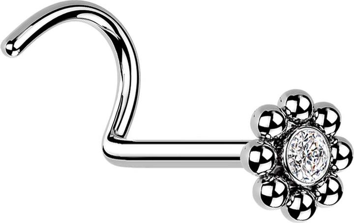 Produktbild Star Piercing Nasenstecker gebogen silber Blume mit Kugeln und Kristall (ohne Messing, Chirurgenstahl 316L)