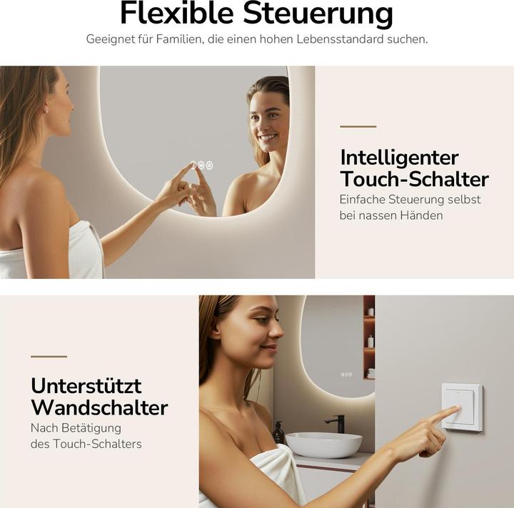 Actual product image Emke Asymmetrical bathroom mirror 75 x 55 cm with lighting, dimmable, 3 light colours, touch switch (55 x 75 cm)