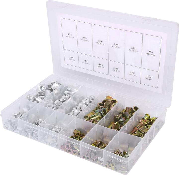 KS Tools Sortiment Gewindenieten, Stahl und Aluminium, M3x9mm-M10x21mm, 300-tlg