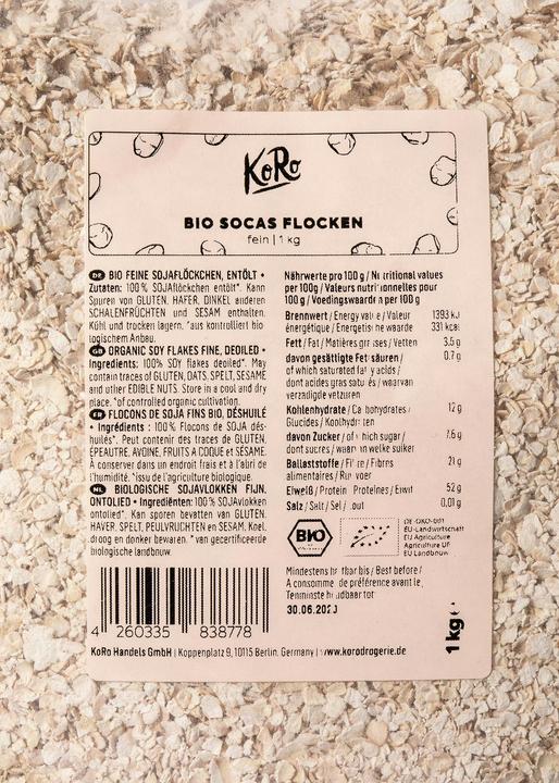Nährwerte und Zutaten KoRo Bio SOCAS Flocken fein (1000g) (1000 g)