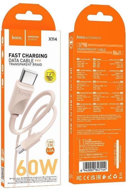 Actual product image Hoco Cable cable Type C to Type C 3A 60W X114 1 m pink (USB 3.2 Gen 1, 60 W)
