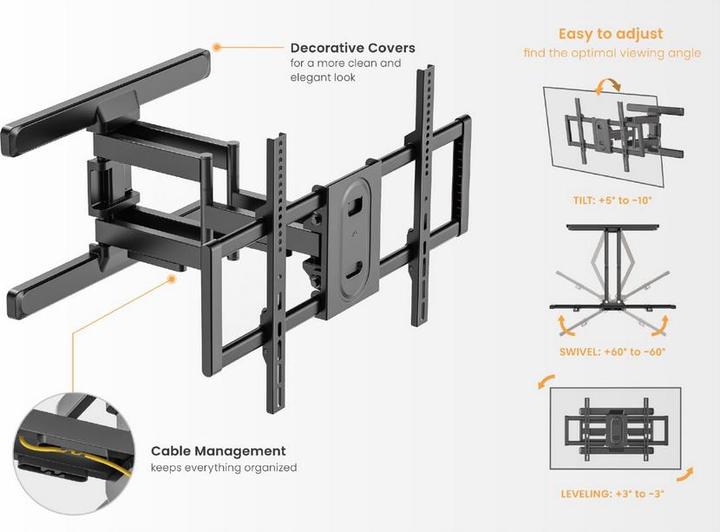 Immagine prodotto equip Supporto a parete 43"-100"/1TFT 60kg inclinazione a 2 snodi bw (Muro, 100", 60 kg)